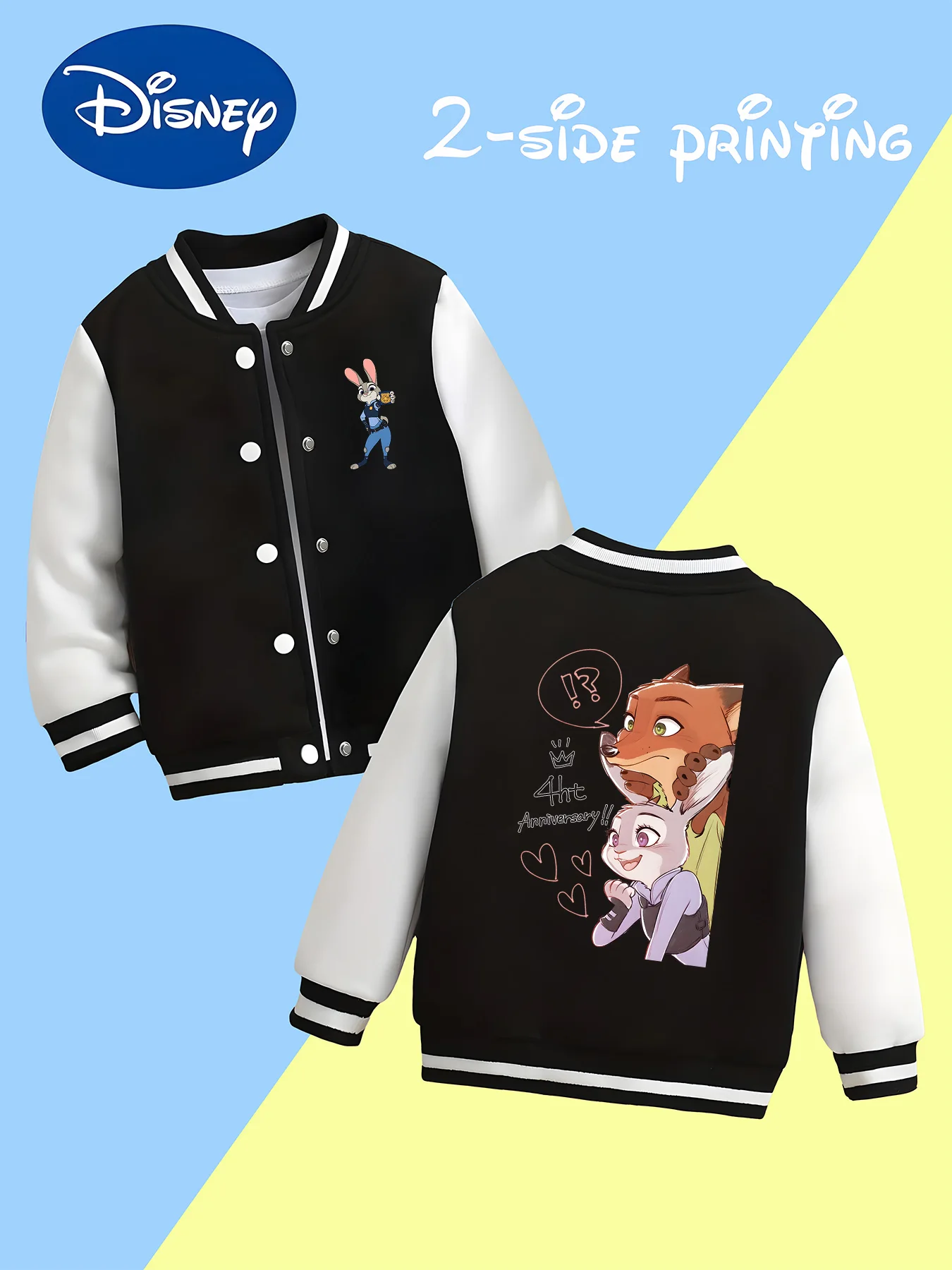 

MINISO Disney Zootopia Baseball Jacket for Boys- Double-sided Judy & Nick interactive print,skin-friendly fabric for school wear