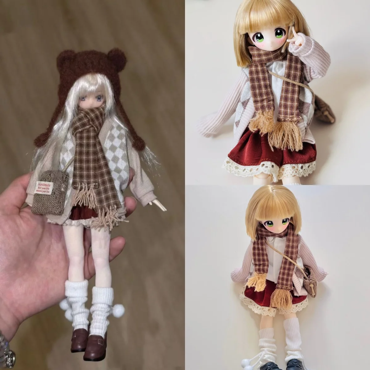 1/6 BJD Doll Clothes Parts Winter Vintage Coat+Shirt+Pleated Skirt+Scarf+Sock Covers+Bag For OB22/OB24 BJD Doll Blythe Azone