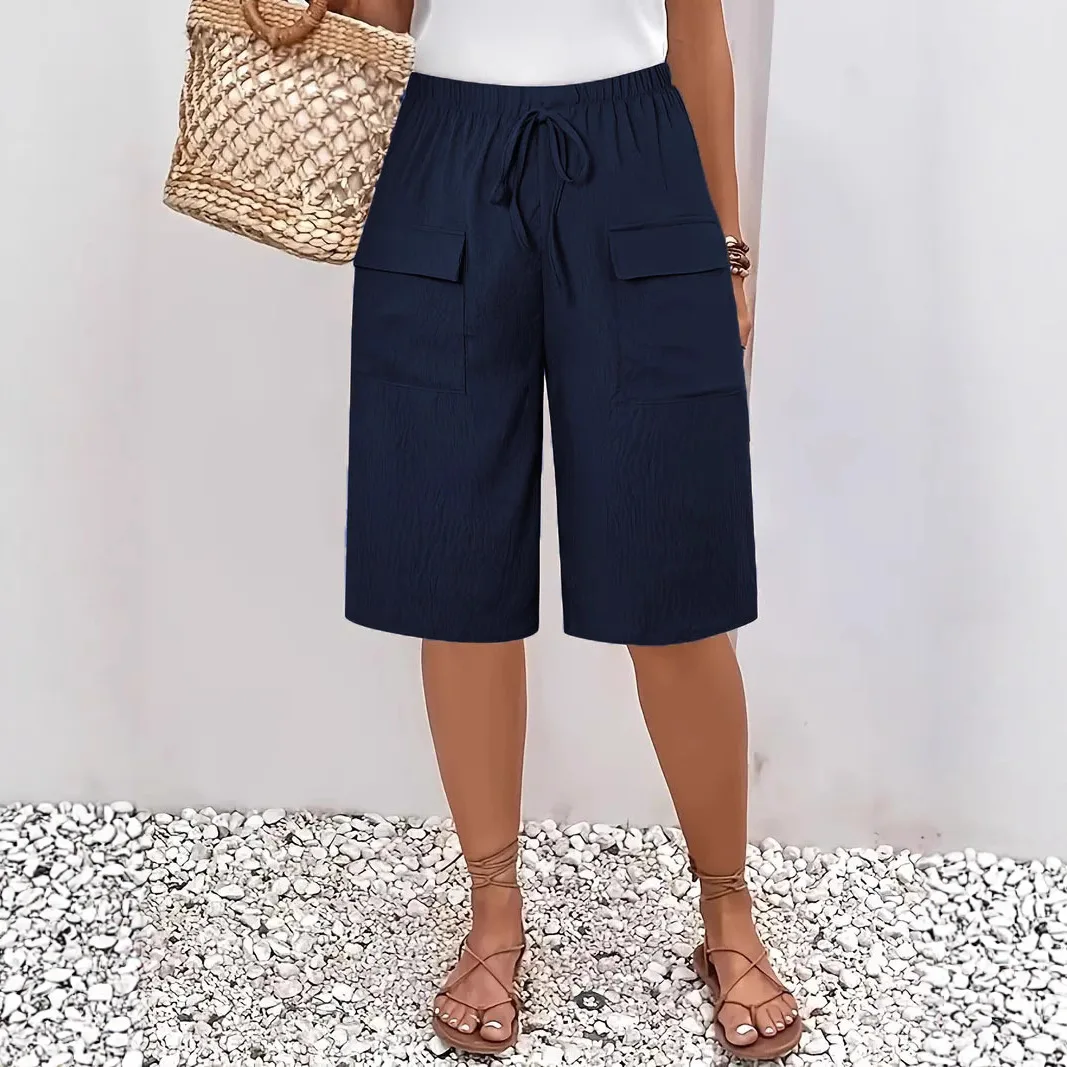 

2025 American European New Fashion Summer Women's Solid Color Casual Trendy Loose Wide Leg Straight Knee Length Shorts Female