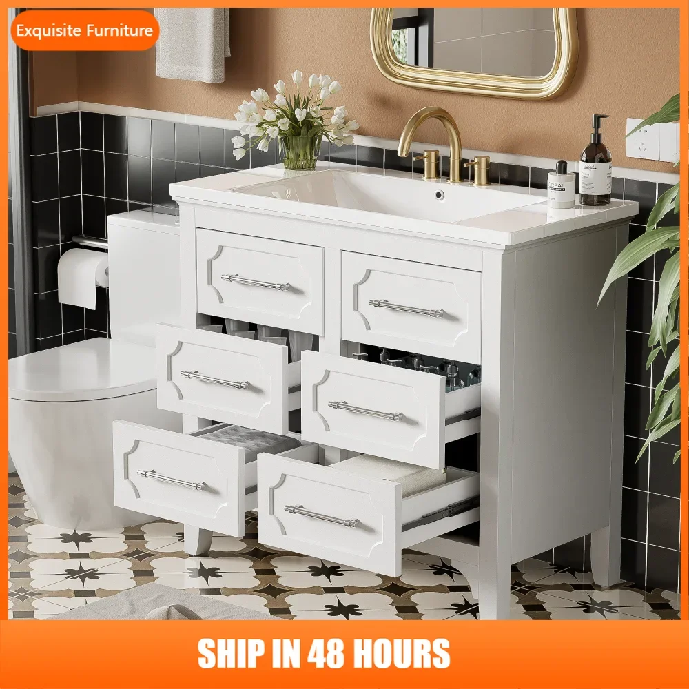 

36'' Bathroom Vanity with Resin Sink Combo, Free Standing Single Vanity Set with Four Drawers, Solid Wood Frame Bathroom Storage