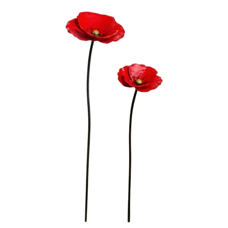 Metal Flower Garden Stake Red Yard Piece for Lawn and Outdoor Display, Bird Feeder Theme Soil Stake for Garden Entry B03E