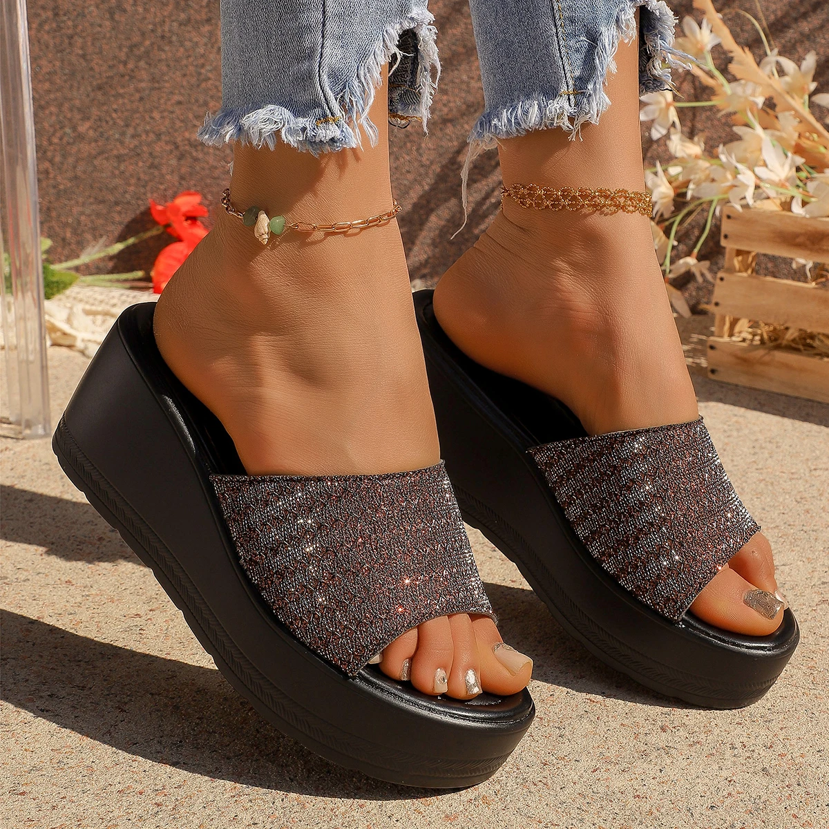 Summer New Sexy Women Glitter Shine Mesh Open Toe Chunky Wedge High Heel Platform Sandals Slides Lady Party Beach Slippers Shoes