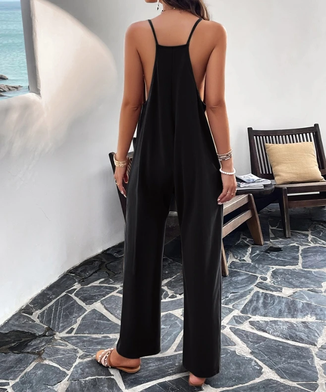 Nieuwe Mode 2024 Zomer Casual Lange Jumpsuits Mouwloze V-Hals Effen Kleur Zak Slim Fit Jumpsuit Sexy Elegante Eendelig