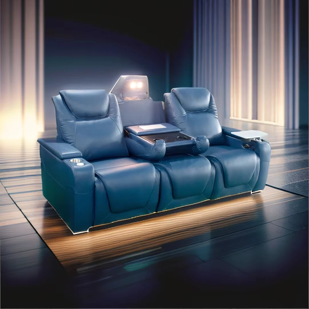 Luxury Blue Leather Reclining Cinema Sofa with LED Light Power VIP Home Theater Furniture Electric Recliner Chair for School Use