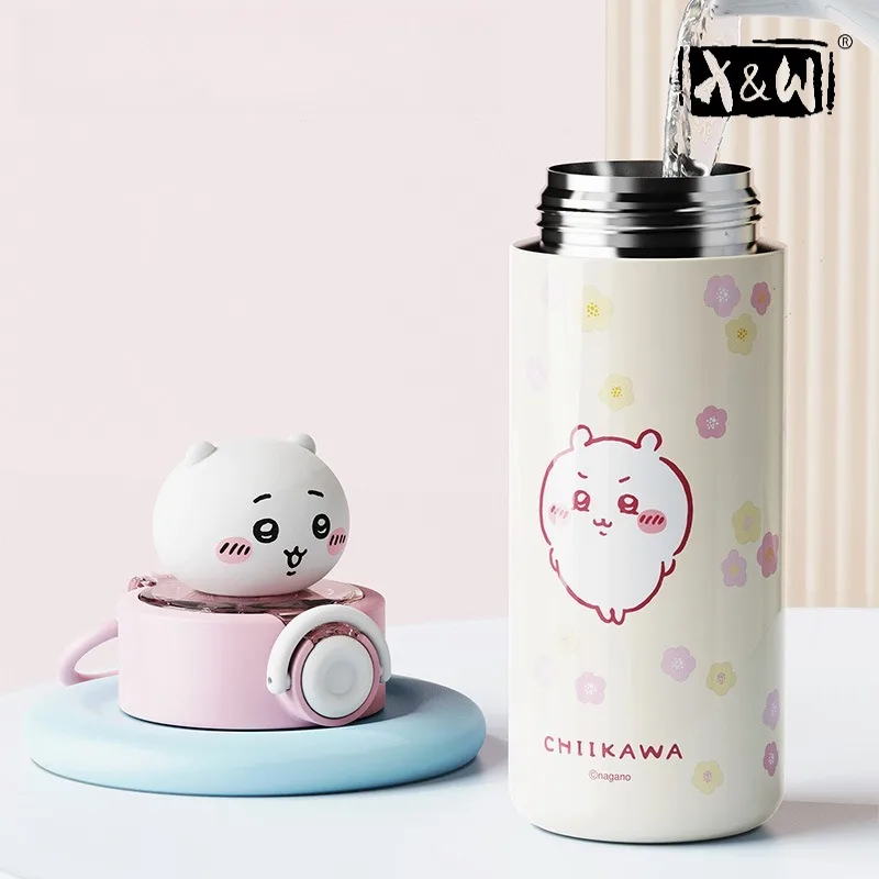 X&W 450ml Chiikawa Pop-up Thermos 316 Stainless Steel Straw Cup with Doll Head Chiikawa Waterbottle Portable Office&outdoor Use