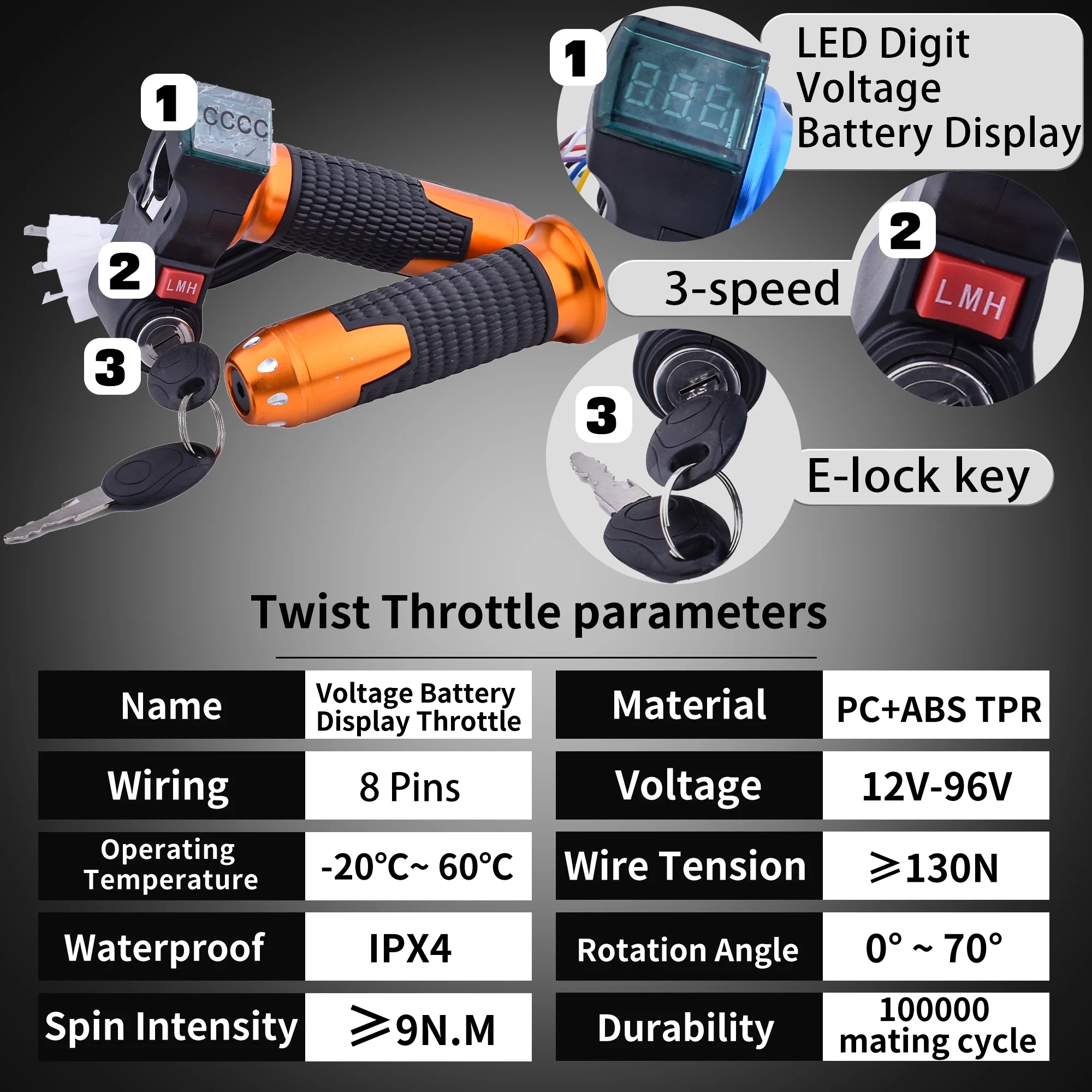 قبضة تويست مطورة ثلاثية السرعات لعام 2025 مع شاشة رقمية - التحكم في خنق الدراجة 12 فولت-96 فولت تستخدم لقفل الإشعال للدراجة الإلكترونية/السكوتر الإلكتروني 3 في 1