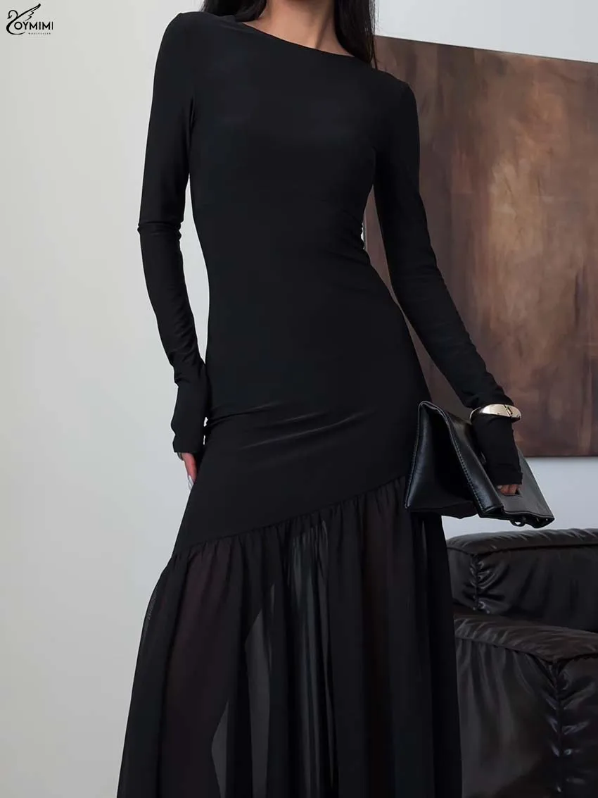 Oymimi Fashion Black O-Neck Dresses 2025 Woman Elegant Long Sleeve Slim Solid Dresses Casual Pleated Ankle-Length Dress Female