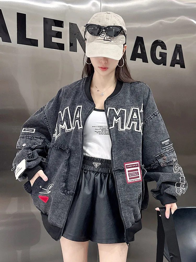 American style high street retro baseball trendy jacket black nostalgic spring autumn loose BF lazy style denim jacket