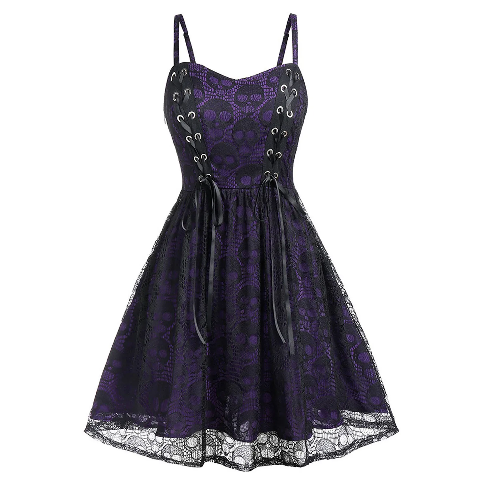 

Women'S Halloween Lace Mesh Patchwork Sleeveless Camisole Mini Dress Gothic Punk Girls Midi Dress Cosplay Costume Witch Vampire