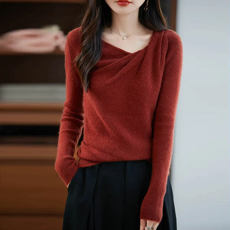 

Women's New 100% Merino Wool Pullover Sweater Soild Slimming Basic Knit Tops Fashion Sloping Shoulder Collar Design High-end