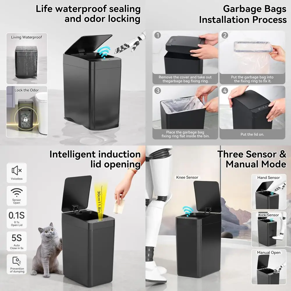 

Touchless 2.6 Gallon Smart Trash Bin Set, 2 Pack, Slim Motion Sensor Waste Basket for Home & Office, Black