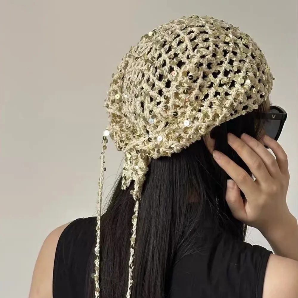 

Elegant Sequined Triangular Scarf Multi-functional Bohemian Tassel Knitted Triangle Scarf Cape Wraps Hollow Shawl Female