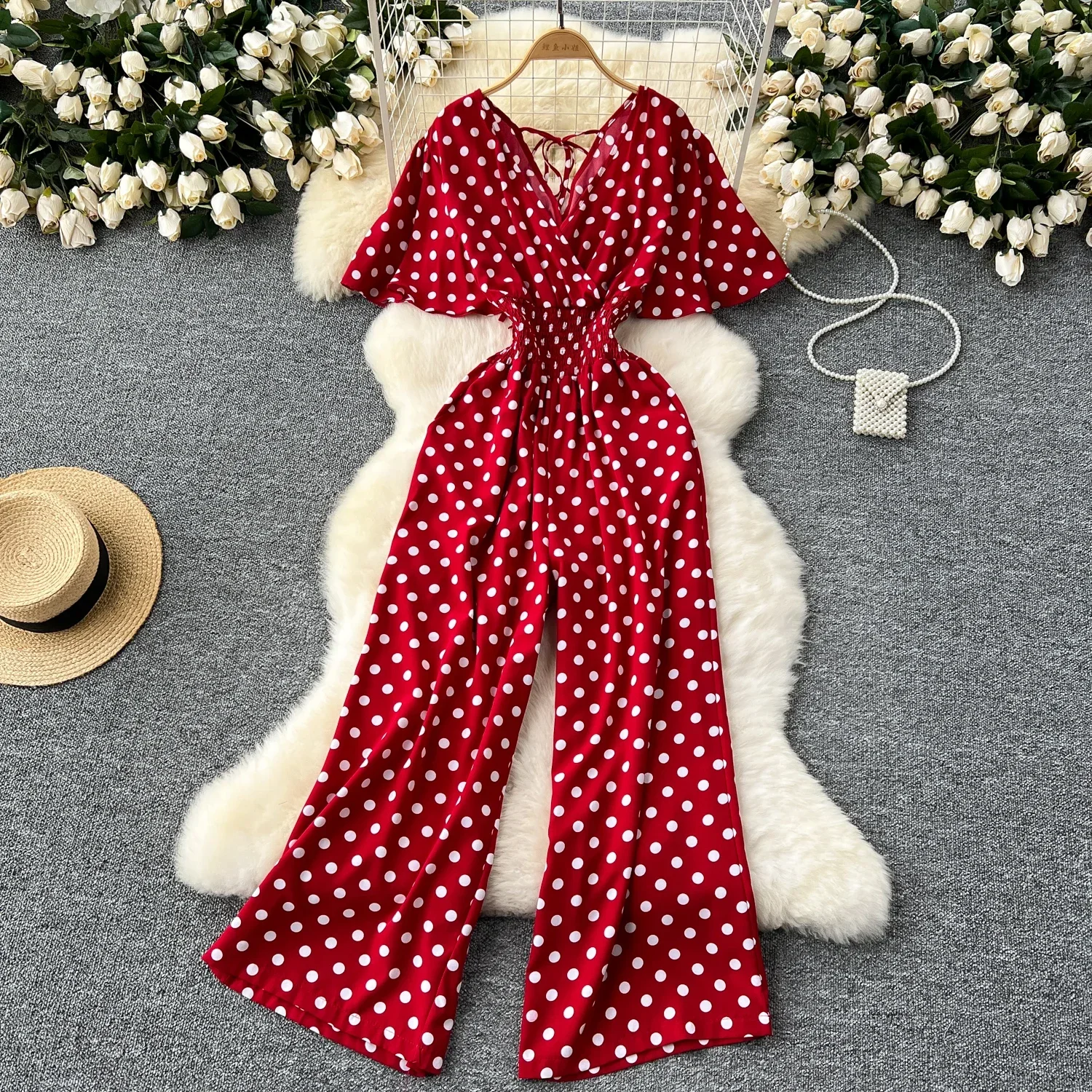 New Summer Polka Dot Romper Women Elegant V-Neck Short Sleeve High Waist Jumpsuit Female Loose Wide Leg Playsuits Fashion