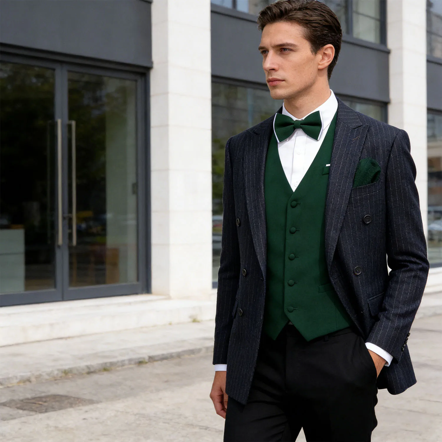 

Мужской комплект: зеленый жилет и галстук-бабочка – классический жилет с V-образным вырезом и галстуком в тон, идеально подходит для банкетов и торжеств.