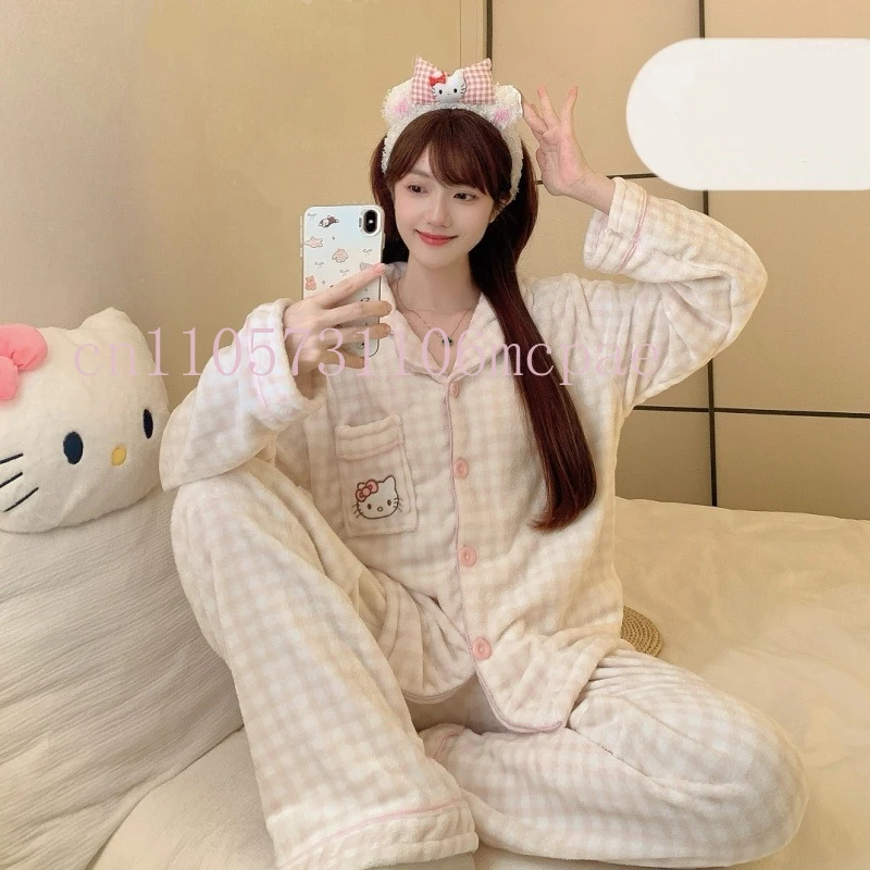 

Winter Hello Kitty Plaid Print Pajamas Set Kawaii Cartoon New Pajamas Suit Warm Korean Sweet Y2K Plush Homewear Cute Sleepwear