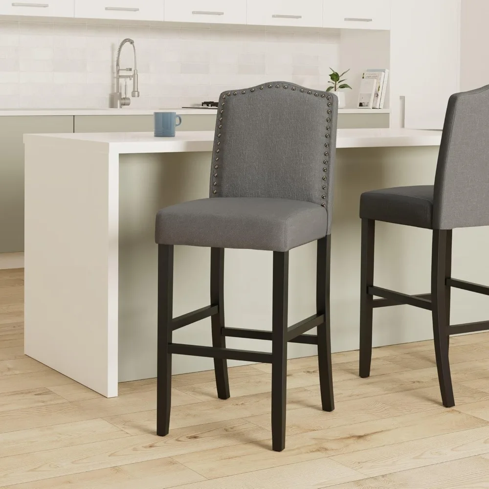Conjunto de bancos de bar de 29 polegadas com cadeiras estofadas modernas em estrutura de madeira maciça para ilhas de cozinha com acabamento em cabeça de prego