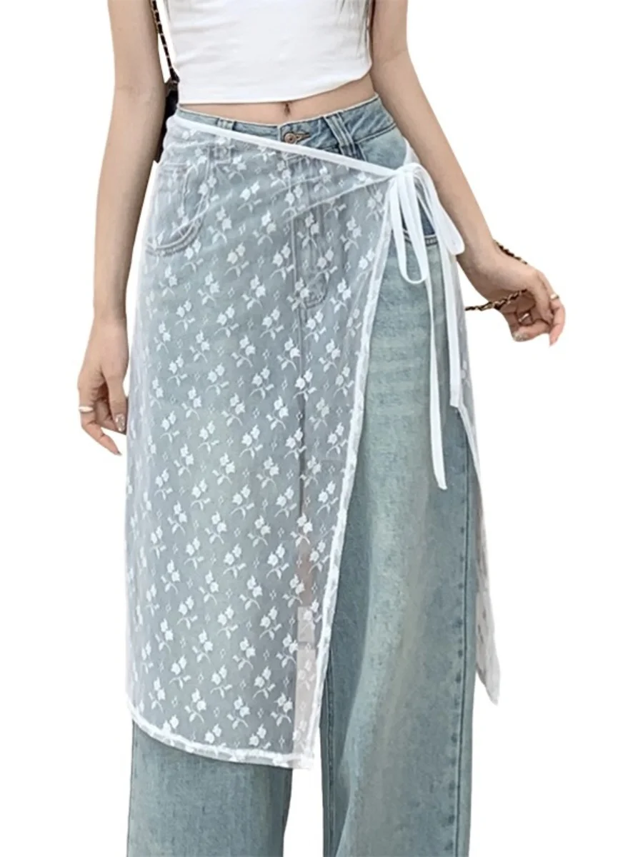 

White Lace ter Ne Dr Women's Spring Autumn Skirt High Waist A-Line Polyester Fiber Korean Sle
