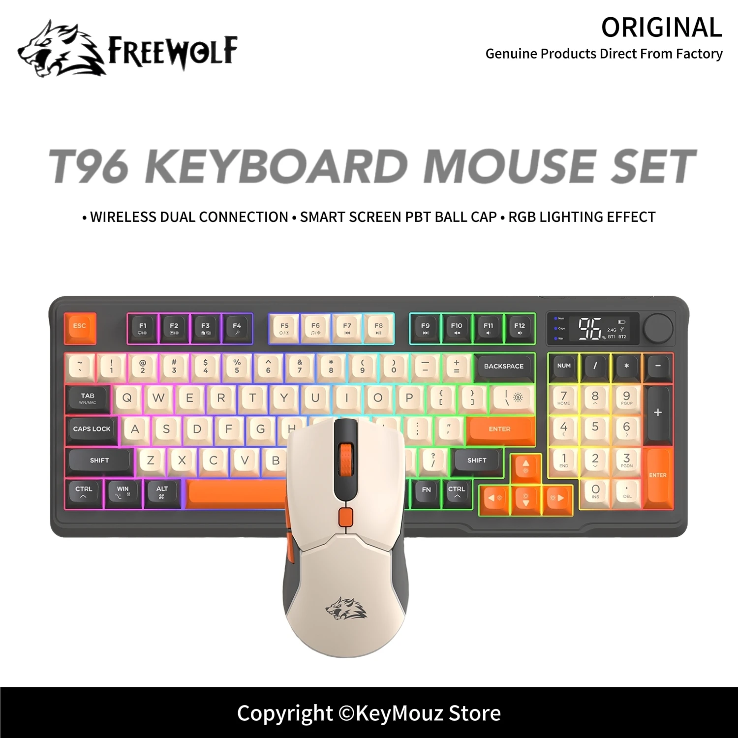 Wireless Bluetooth Keyboard Mouse Combo FREEWOLF T96 3000mAh Dual Mode with Smart Display Screen Multimedia Knob