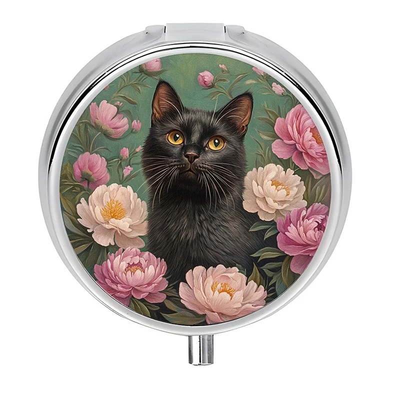 Single-layer pill box, featuring a design of a mysterious black cat and peony, with three compartments. This mini pill box is a unique travel gift.
