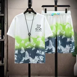 Camiseta informal para hombre, Conjunto de camiseta de manga corta degradada, pantalones cortos, ropa deportiva de verano para gimnasio