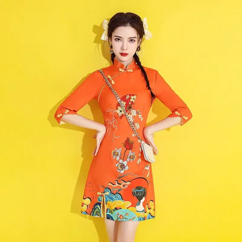 2024 New China-Chic Cheongsam Young Girls Short Orange Chinese Traditional Clothes Chinese Dress  Qipao Dress  Vestido