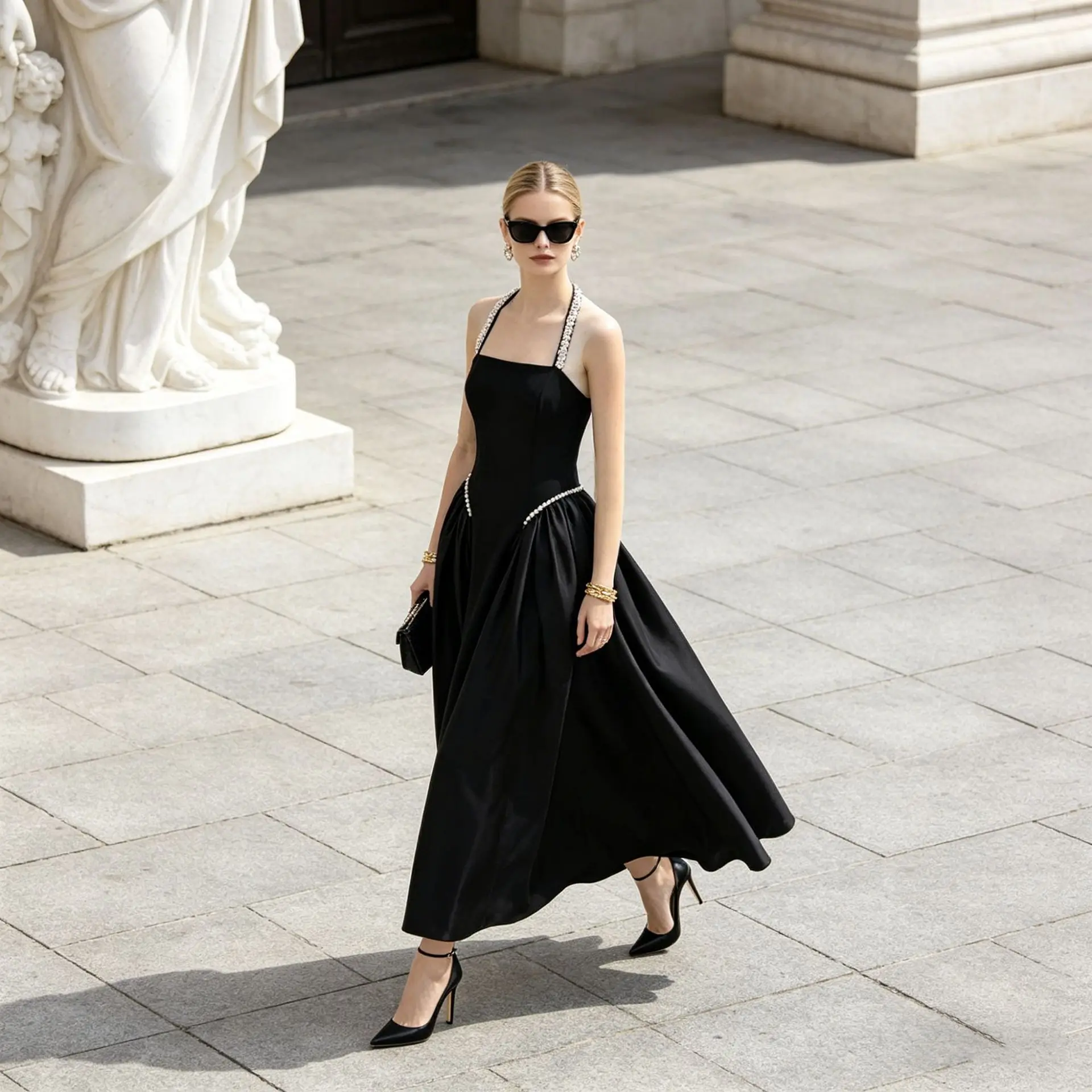 Sleeveless Solid Slimming Spliced Beading Halter Dress Sexy Backless Rhinestone Trim Maxi Dress Formal Evening Party Prom Gown