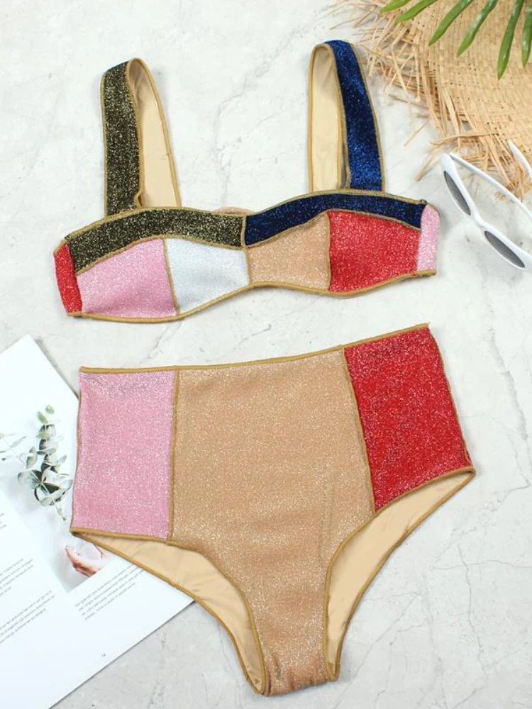 High Waist Bikini Women Swimsuit Contrast Patchwork Swimwear Female 2021 New Sexy Glitter Bathing Suits Summer Beach Wear XL