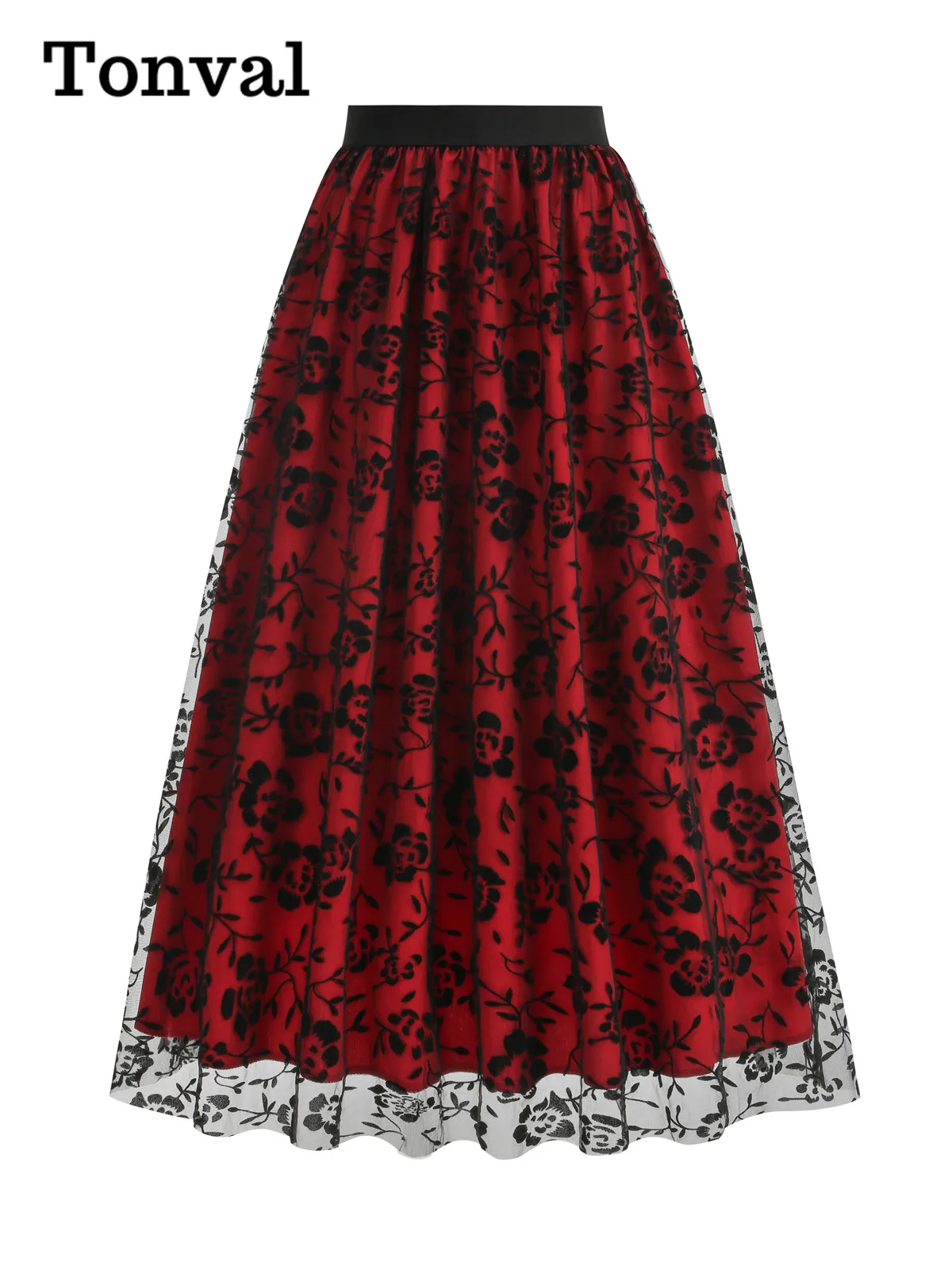 Tonval Vintage Floral Flocking Mesh Overlay Elastic Waist Long Skirts for Women Halloween Party Elegant Pleated Skirt