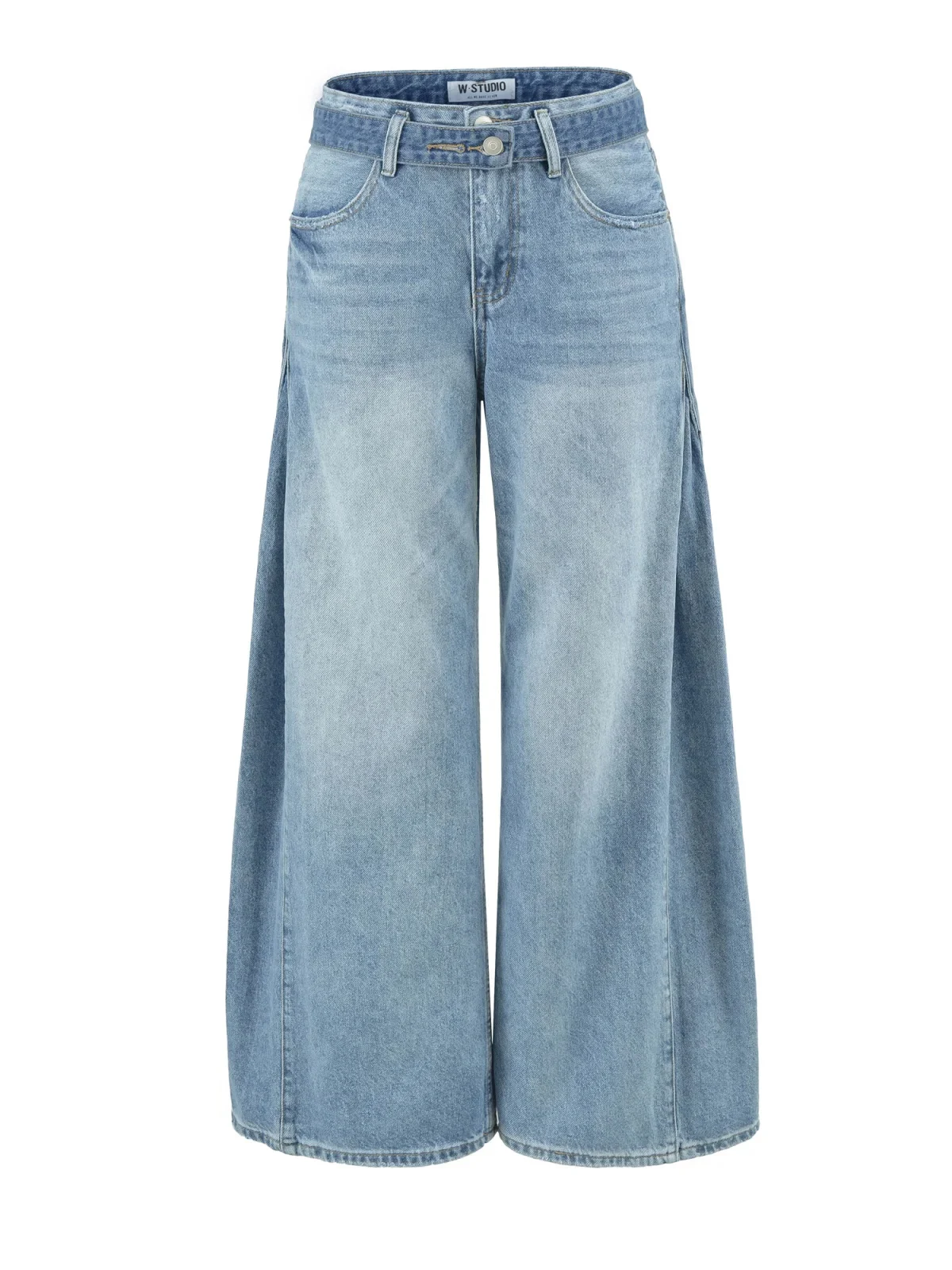 

American Retro Washed Bleached Double Waist Pleated Belt Wide Leg Jeans Women Loose Match Long Pants Cotton Summer Low Waist