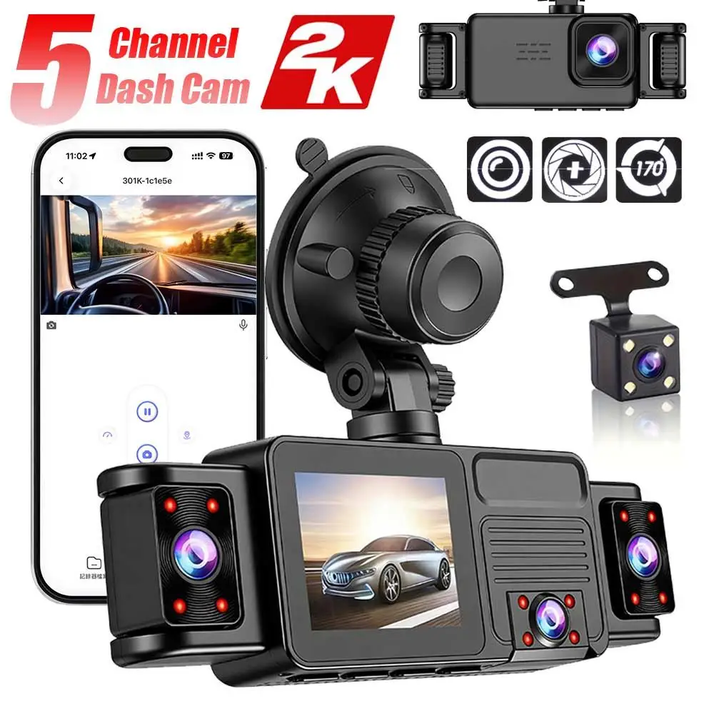 5 Camera Car DVR 2K Video Recorder 360° WIFI Dash Cam Front and Rear Right Left Inside Car Accessories