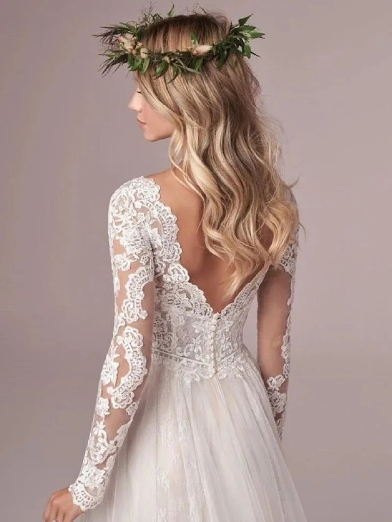 Customized Long Sleeves Women Wedding Dresses V Neck Backless Appliques Bridal Gowns Graceful Vestido De Noiva Abendkleider