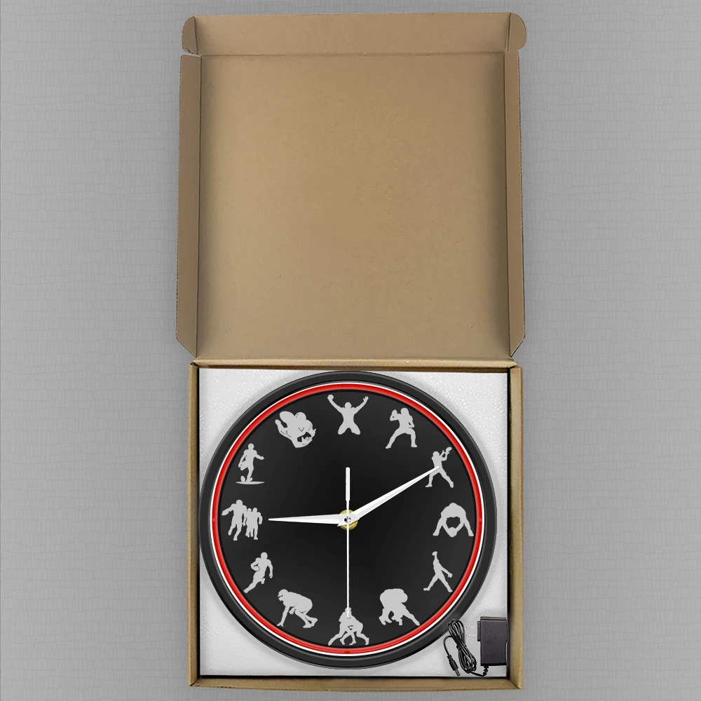 

Play Rugby Rugby Player Neon Light Mute Wall Clock American Football Home LIving Room Decor LED Lighting Metal Frame Round Clock