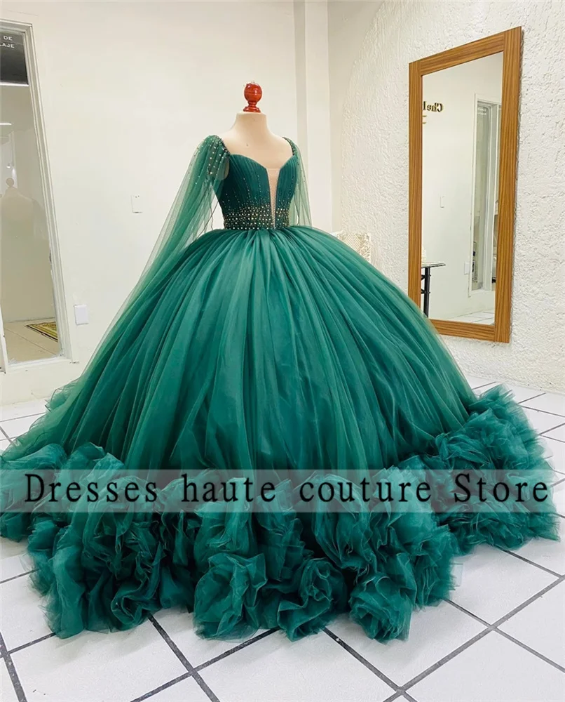 New Arrivals Green Tulle Quinceanera Dresses Ball Gown 2025 Crystal Ruffles Sweet 16 Dress Birthday Dress Vestido De XV Años