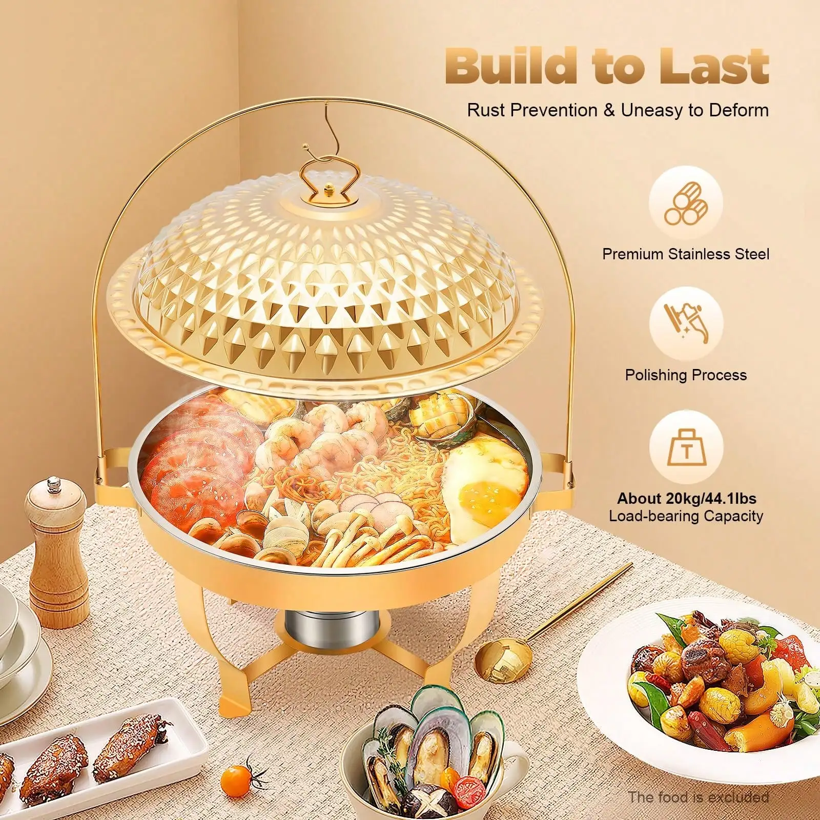 kangten 8.5Qt /8LStainless Steel With Hanging Lid, Countertop Buffet Warmers Sets For Restaurants, Family Gatherings, Wedding, Party(Gold, Round) A Nice Gift , Gold Hanging Lid Dining Stove, Countertop Warming Tray For Parties