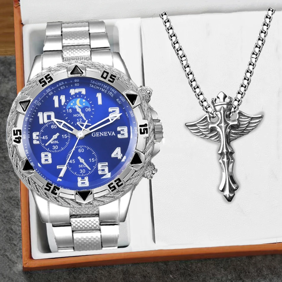 남자 시계 세트 + 크로스 패션 캐주얼 스테인레스 스틸 3 다이얼 쿼츠 시계 아버지의 날 졸업 선물 세트