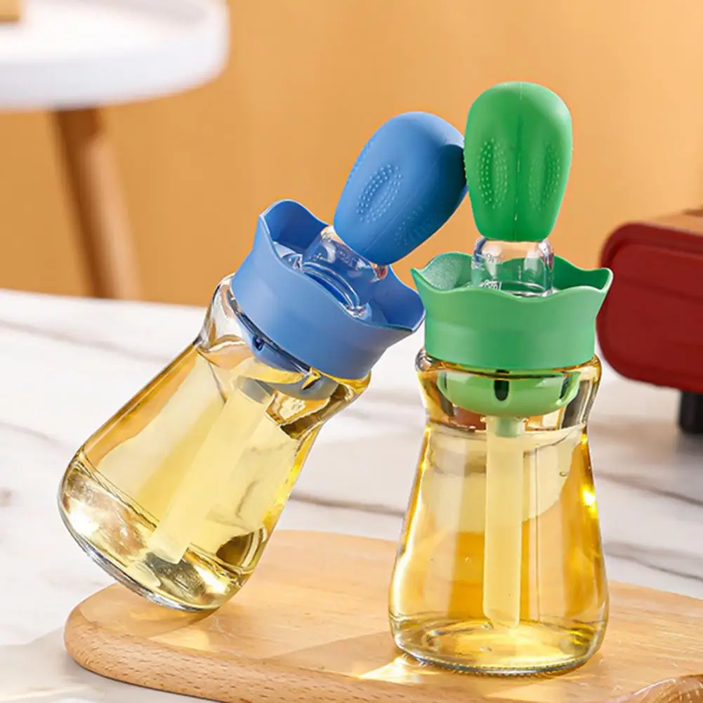 200ML 2 in 1 Glass Oil Bottle with Silicone Brush Clear Control Soft Bristles Creative Cactus Olive Oil Dispenser for Kitchen