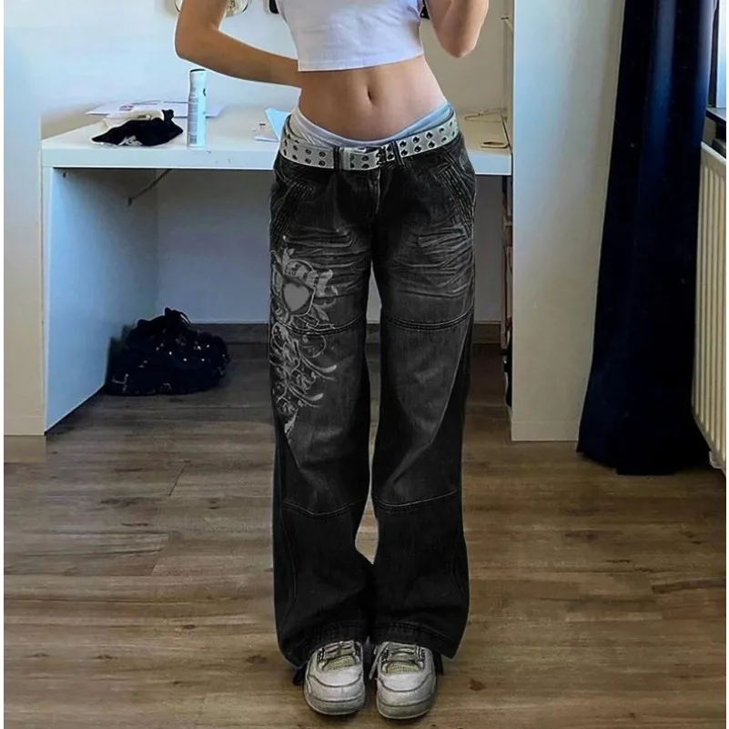 

Street style women's clothing, irregular printed loose pants, low waisted pleated washed distressed multicolored jeans