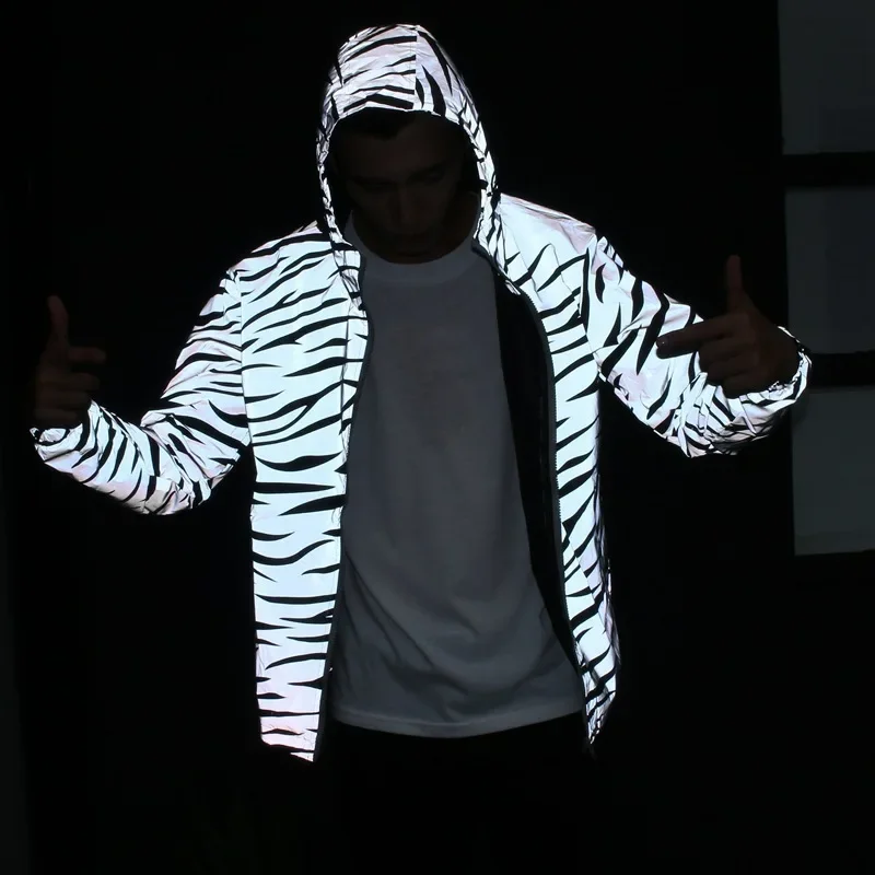 reflective glowing jacket zebra stripes men women windbreaker couple glitter glow in the dark outwear zip up hooded hip hop