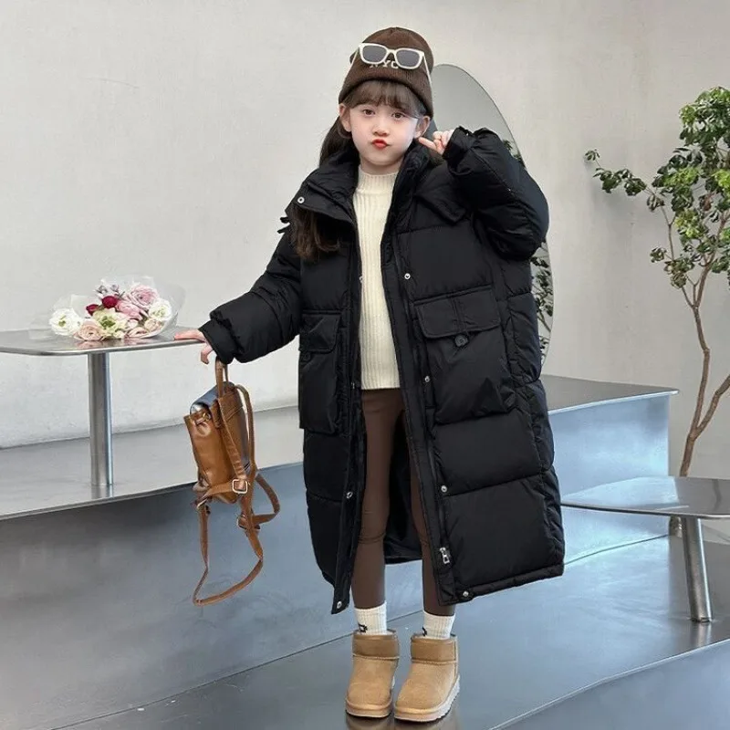 Big Size Teenager Winter Keep Warm Girls Jacket Letter Long Style Hooded Windbreaker Coat for Kids Children Christmas Outerwear