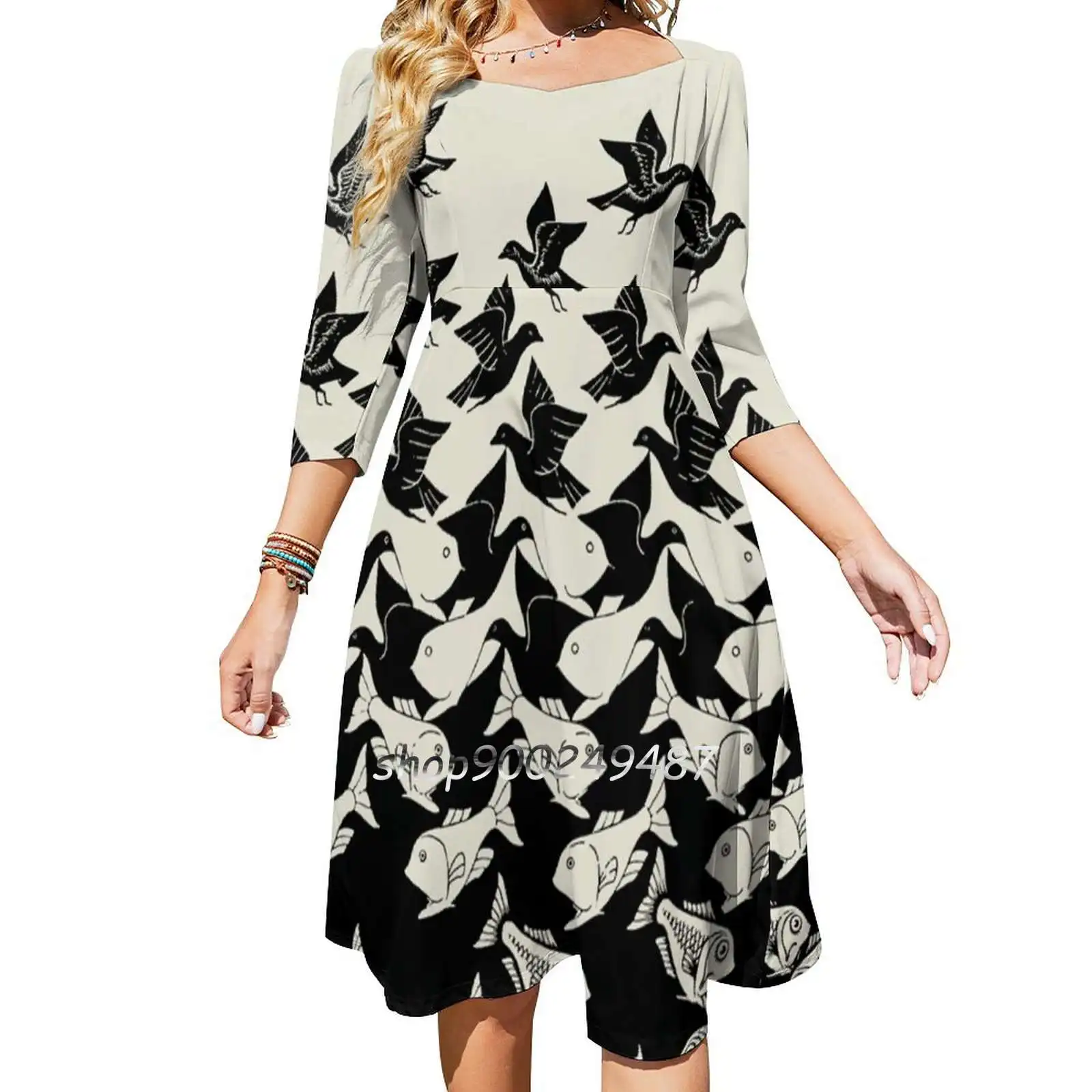 Fish And Birds Art Deco Tessellation Long Sleeve Sexy Dresses For Women 2022 Ladies Vintage Elegant Party Dress Art