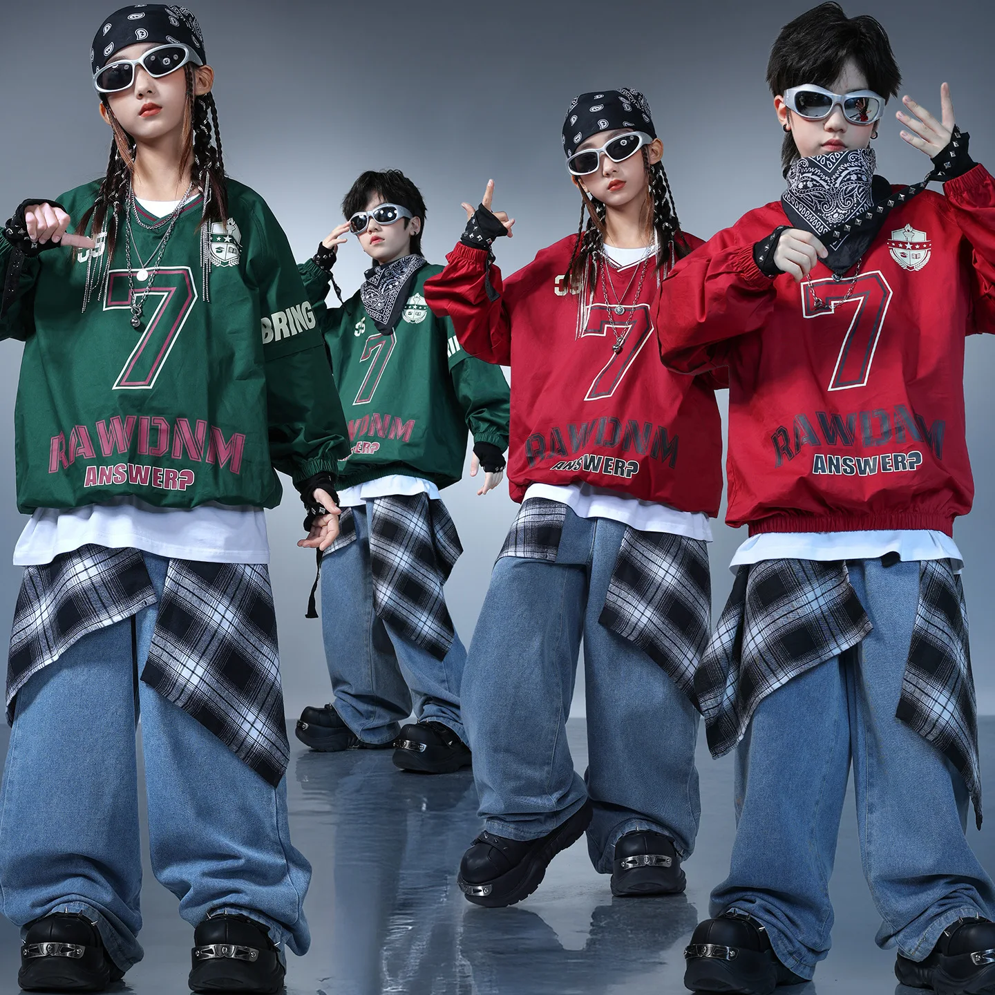 Kind Kpop Hip Hop Kleidung Rot Grün Jersey Sweatshirt Top Denim Blau Straße Baggy Jeans Hosen für Mädchen Junge Tanz Kostüm Kleidung