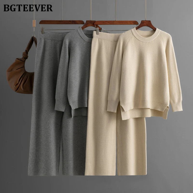 BGTEEVER Winter Warm Female 2 Pieces Sweater Set O-neck Long Sleeve Knitted Pullovers Women Knitting Trousers Suits