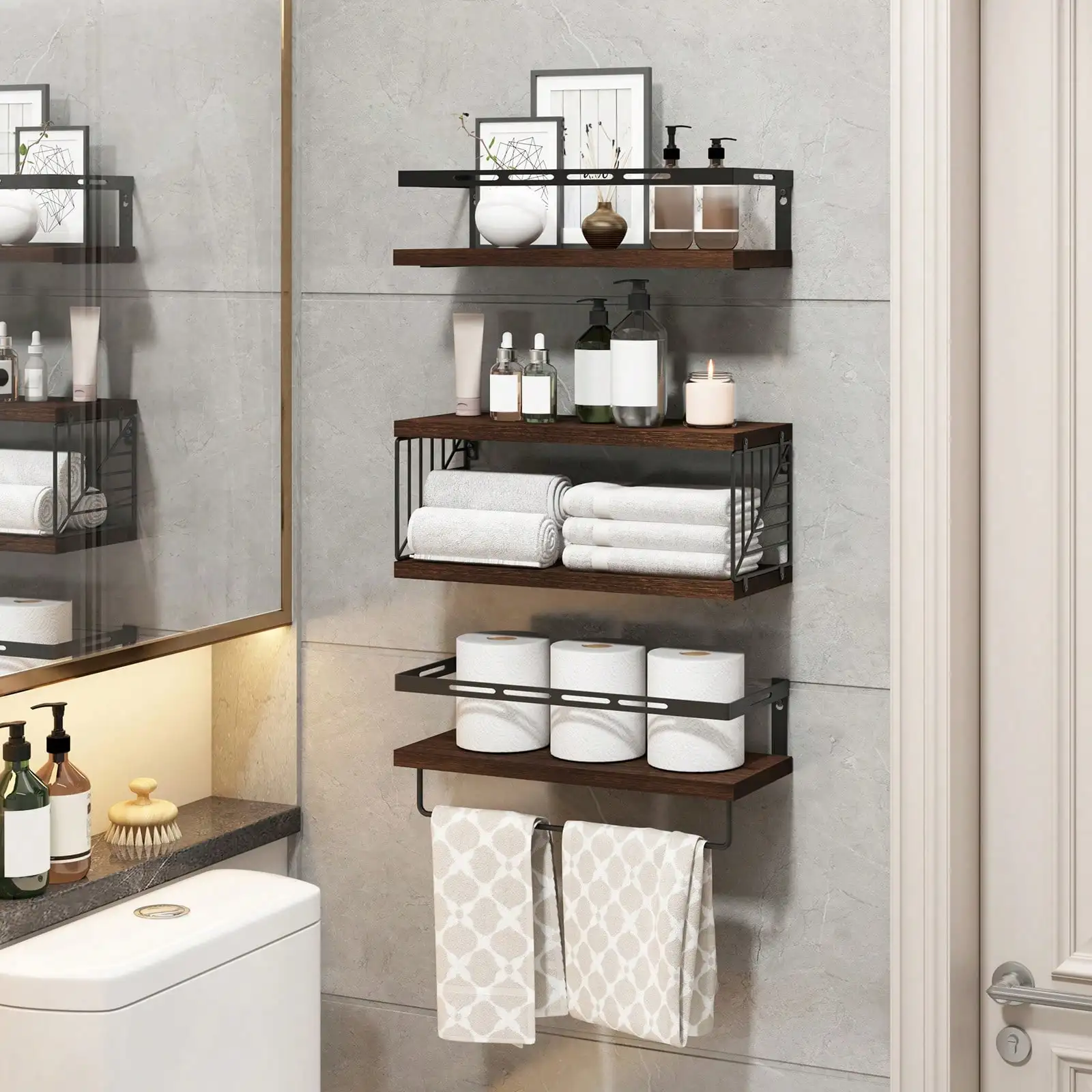 

3+1 Tier Wall Mounted Bathroom Shelves Over Toilet,Rustic Wood Floating Shelves With Metal Frame Towel Bar For Bathroom,Bedroom