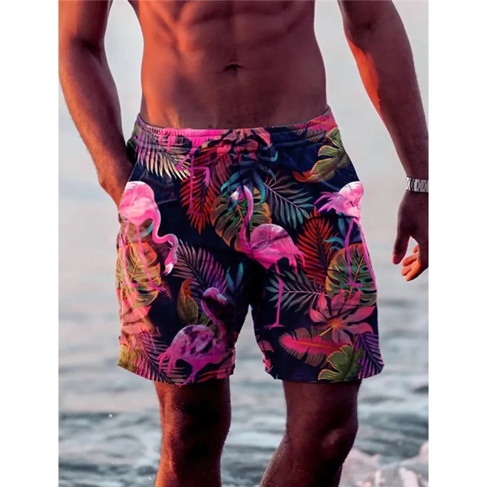 New Men's Shorts Swim Trunks Drawstring Leaf Flamingo Graphics Quick Dry Short Casual Holiday Hawaiian Micro-elastic