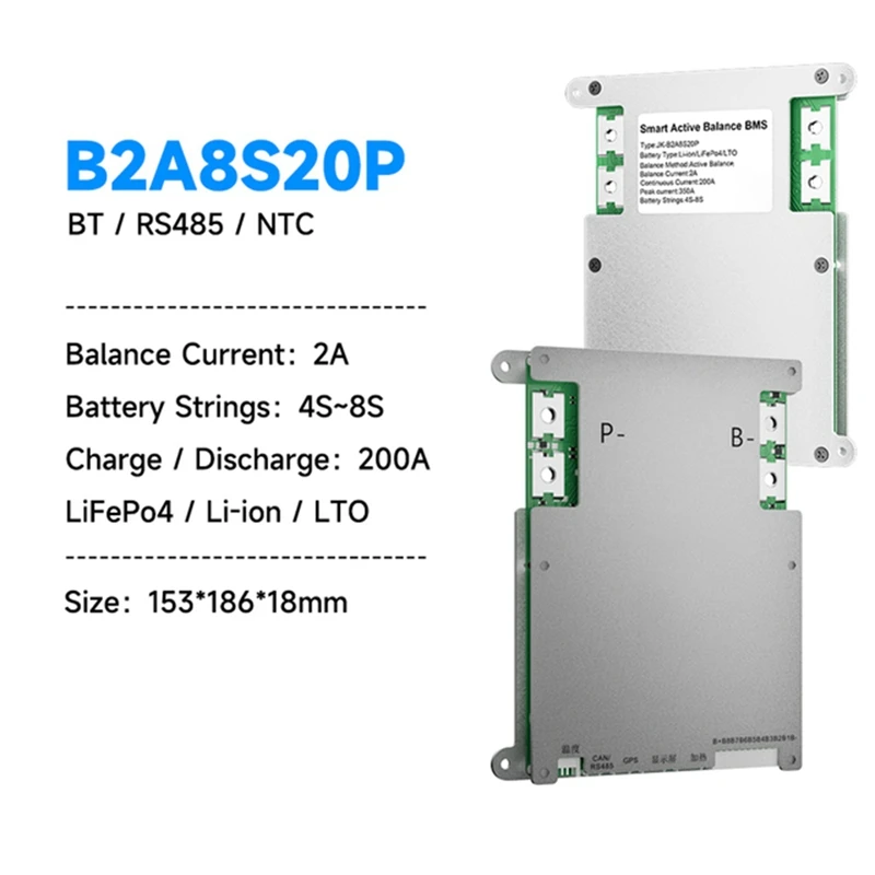 1 Piece Smart JK BMS B2A8S20P PC+Metal With BT CAN RS485 8S 24V 200A Lifepo4 Li-Ion LTO Battery 3S-8S 2A Active Balance JK BMS