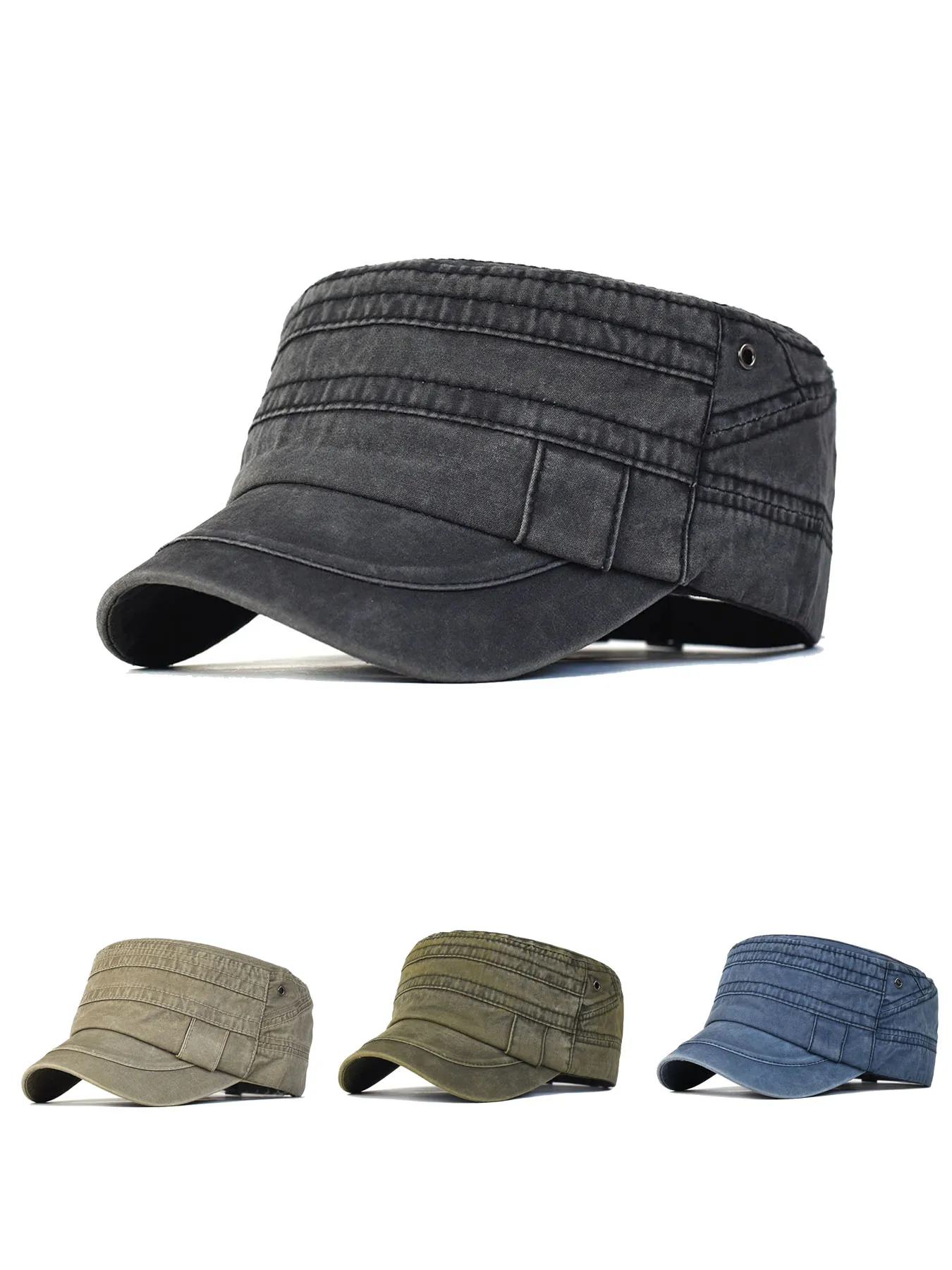 Casual Washed Cotton Flat Top Hat Adjustable Military Caps Men Women Unique Design Vintage Four Seasons