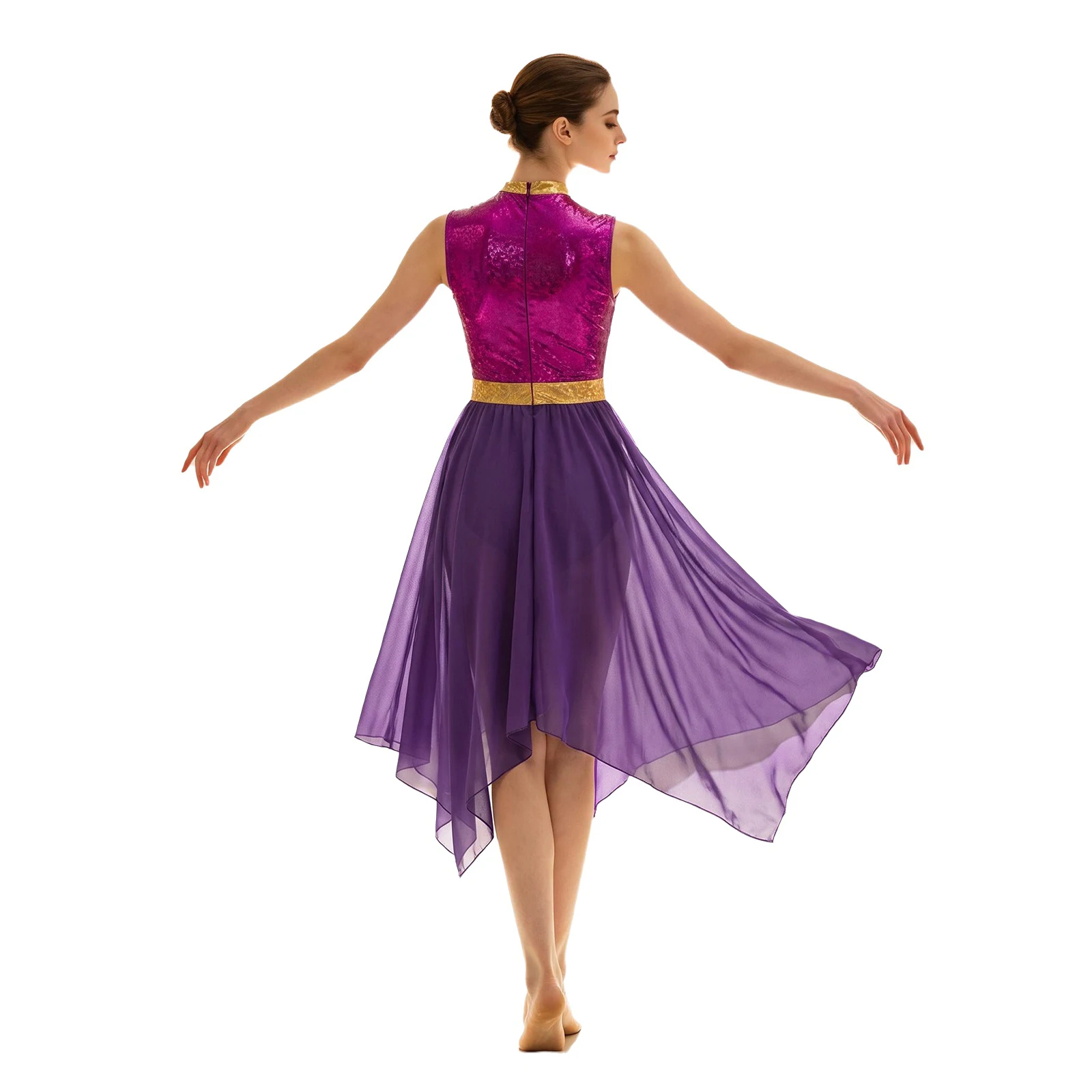 Damen-Lyrik-Tanzkleid, Kostüm für Gottesdienste und Lobgesänge, mit Metallic-Print, aufgesetztem Oberteil, Schlüssellochausschnitt vorne, ärmellos, unregelmäßiger Saum, Tunika-Kleid. – Detail 15
