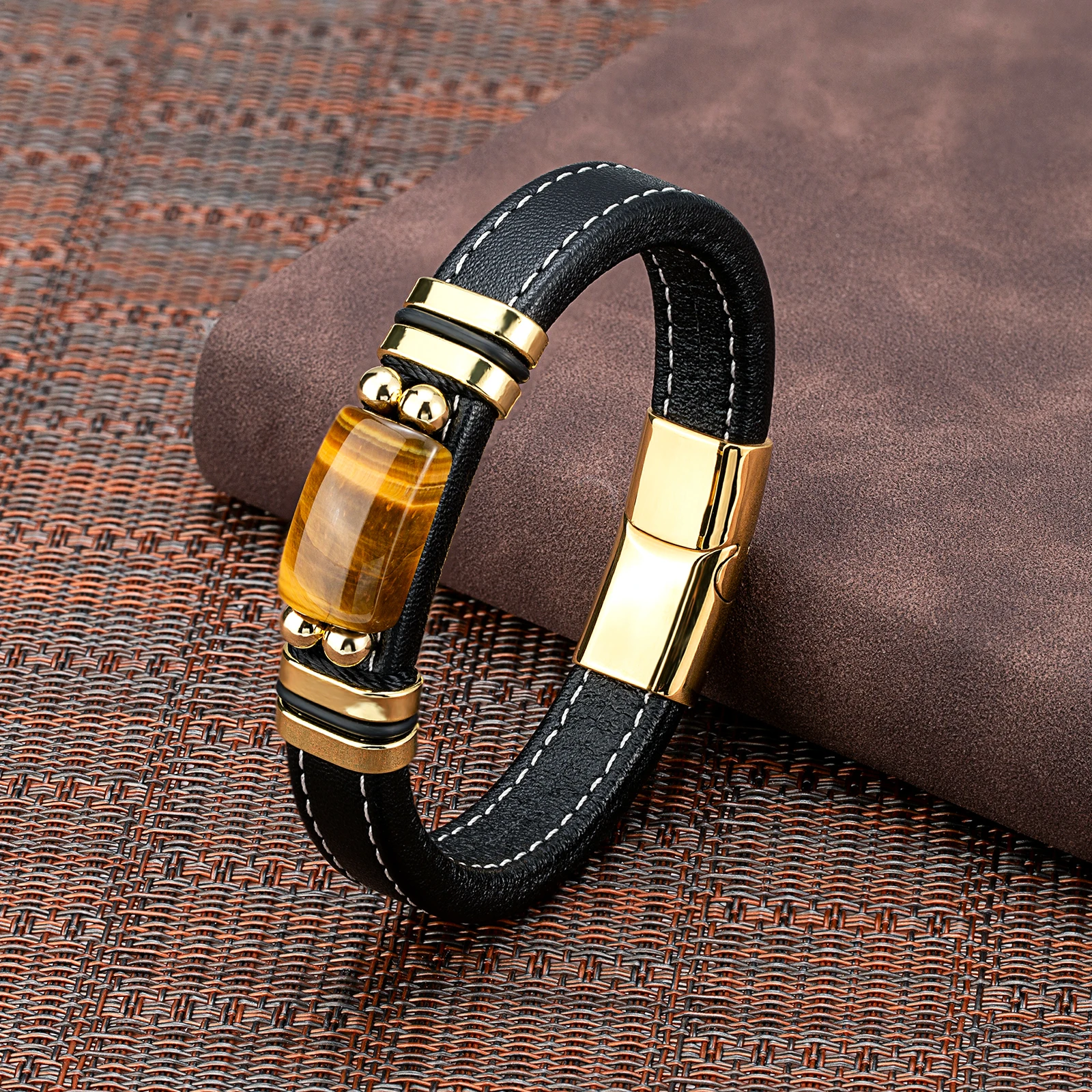 New Vintage Wind Large Semicircle Natural Tiger Eye Stainless Steel Casual Collocation Black Wide Leather Rope Men\'s Bracelet