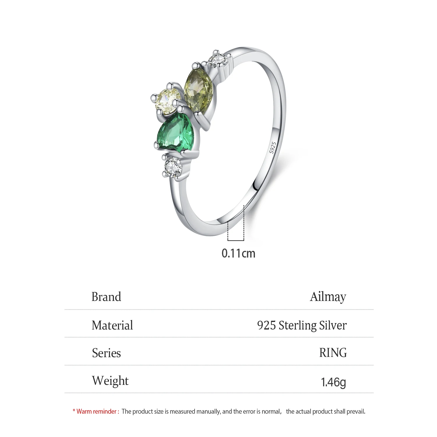 Ailmay 925 Sterling Silver Green Heart-Shaped Geometric Zircon Ring For Women Wedding Engagement Bridal Jewelry