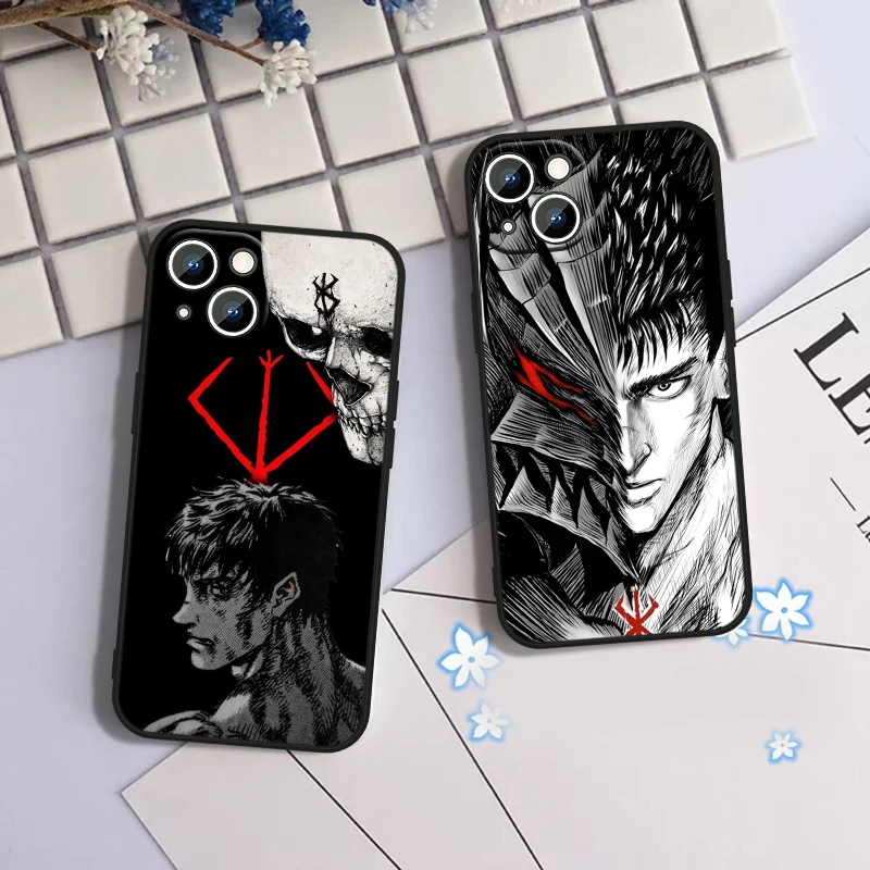 Berserk Anime per Apple iPhone 15 14 13 12 11 XS XR X 8 7 6 6S Pro Max Plus Mini Cover morbida nera per telefono